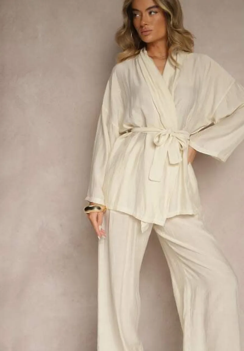 Beżowy Komplet z Wiskozy Spodnie o Szerokim Kroju i Bluzka z Wiązaniem Livelia