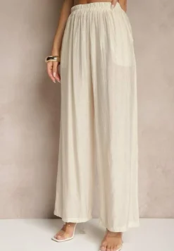 Beżowy Komplet z Wiskozy Spodnie o Szerokim Kroju i Bluzka z Wiązaniem Livelia