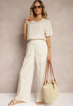 Beżowy Komplet z Wyszywanymi Kwiatami Luźny T-shirt i Proste Spodnie Namselin