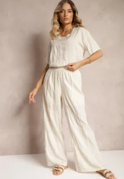 Beżowy Komplet z Wyszywanymi Kwiatami Luźny T-shirt i Proste Spodnie Namselin