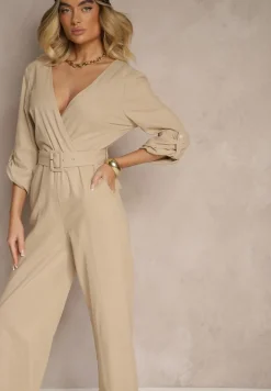 Beżowy Kopertowy Kombinezon z Bawełny z Dodatkowym Paskiem i Gumką w Talii Rinnarela