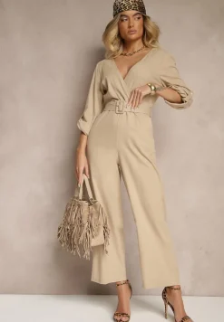 Beżowy Kopertowy Kombinezon z Bawełny z Dodatkowym Paskiem i Gumką w Talii Rinnarela