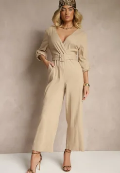Beżowy Kopertowy Kombinezon z Bawełny z Dodatkowym Paskiem i Gumką w Talii Rinnarela