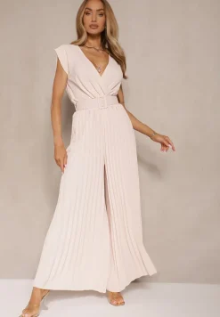 Beżowy Kopertowy Kombinezon Wide Leg Zdobiony Plisami i Paskiem z Klamrą Salirella