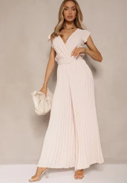 Beżowy Kopertowy Kombinezon Wide Leg Zdobiony Plisami i Paskiem z Klamrą Salirella
