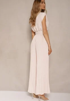 Beżowy Kopertowy Kombinezon Wide Leg Zdobiony Plisami i Paskiem z Klamrą Salirella