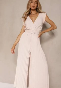 Beżowy Kopertowy Kombinezon Wide Leg Zdobiony Plisami i Paskiem z Klamrą Salirella