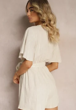 Beżowy Kopertowy Kombinezon z Bawełny Wiązany w Talii Materiałowym Paskiem Vikly