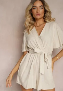 Beżowy Kopertowy Kombinezon z Bawełny Wiązany w Talii Materiałowym Paskiem Vikly