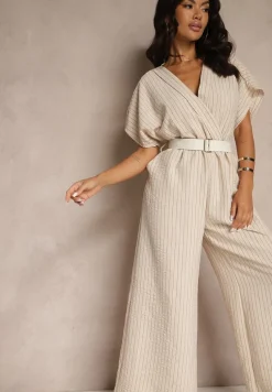 Beżowy Kopertowy Kombinezon z Nietoperzowymi Rękawami i Paskiem Tollamira