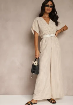 Beżowy Kopertowy Kombinezon z Nietoperzowymi Rękawami i Paskiem Tollamira