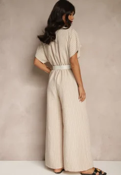 Beżowy Kopertowy Kombinezon z Nietoperzowymi Rękawami i Paskiem Tollamira