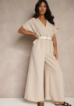 Beżowy Kopertowy Kombinezon z Nietoperzowymi Rękawami i Paskiem Tollamira