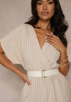 Beżowy Kopertowy Kombinezon z Nietoperzowymi Rękawami i Paskiem Tollamira