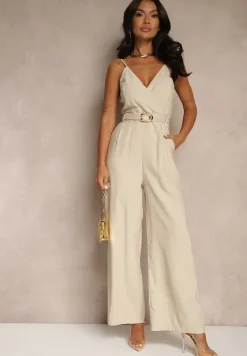 Beżowy Kopertowy Kombinezon z Wiskozy na Ramiączkach z Paskiem z Klamrą Modivla