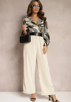 Beżowy Kopertowy Kombinezon z Paskiem i Szerokimi Spodniami Nittama