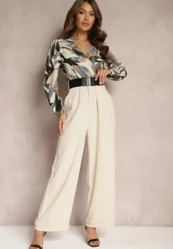 Beżowy Kopertowy Kombinezon z Paskiem i Szerokimi Spodniami Nittama