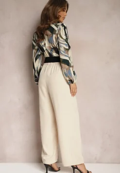 Beżowy Kopertowy Kombinezon z Paskiem i Szerokimi Spodniami Nittama