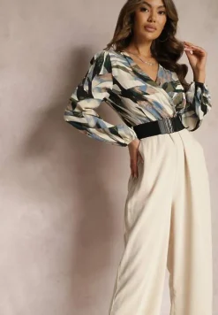 Beżowy Kopertowy Kombinezon z Paskiem i Szerokimi Spodniami Nittama