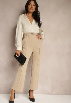 Beżowy Kopertowy Kombinezon z Elegancką Koszulową Górą i Szerokimi Nogawkami Vareti