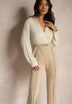 Beżowy Kopertowy Kombinezon z Elegancką Koszulową Górą i Szerokimi Nogawkami Vareti