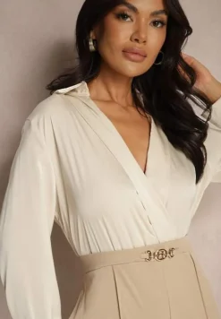 Beżowy Kopertowy Kombinezon z Elegancką Koszulową Górą i Szerokimi Nogawkami Vareti