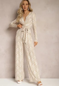 Beżowy Kopertowy Kombinezon z Paskiem w Talii i Ozdobnym Wzorem Mirannda