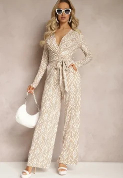 Beżowy Kopertowy Kombinezon z Paskiem w Talii i Ozdobnym Wzorem Mirannda