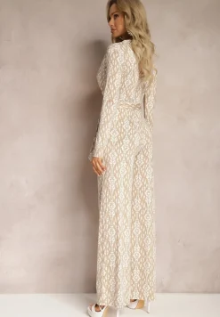 Beżowy Kopertowy Kombinezon z Paskiem w Talii i Ozdobnym Wzorem Mirannda