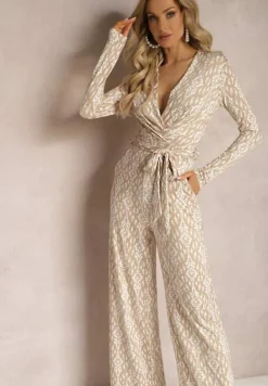 Beżowy Kopertowy Kombinezon z Paskiem w Talii i Ozdobnym Wzorem Mirannda