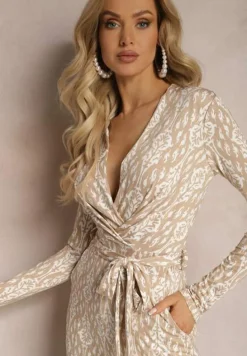 Beżowy Kopertowy Kombinezon z Paskiem w Talii i Ozdobnym Wzorem Mirannda