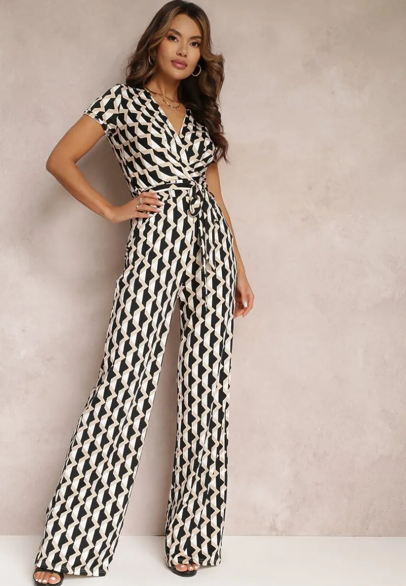 Beżowy Kopertowy Kombinezon w Geometryczny Wzór z Wiązanym Paskiem Anaba