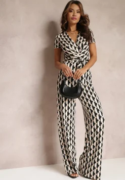 Beżowy Kopertowy Kombinezon w Geometryczny Wzór z Wiązanym Paskiem Anaba