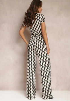 Beżowy Kopertowy Kombinezon w Geometryczny Wzór z Wiązanym Paskiem Anaba