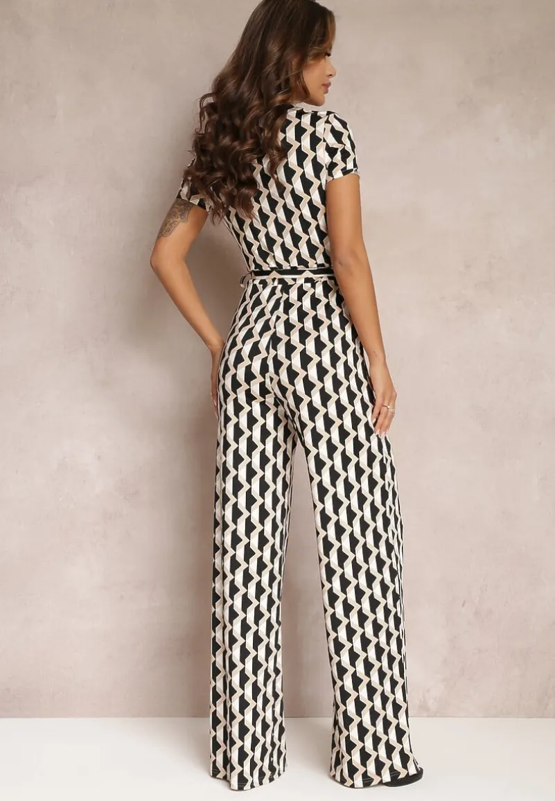 Beżowy Kopertowy Kombinezon w Geometryczny Wzór z Wiązanym Paskiem Anaba