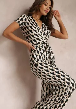 Beżowy Kopertowy Kombinezon w Geometryczny Wzór z Wiązanym Paskiem Anaba