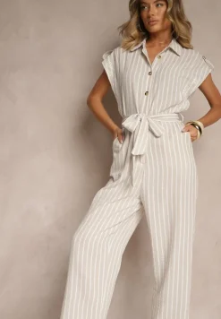 Beżowy Koszulowy Kombinezon z Bawełny z Wiązanym Paskiem Amevilia