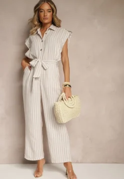 Beżowy Koszulowy Kombinezon z Bawełny z Wiązanym Paskiem Amevilia