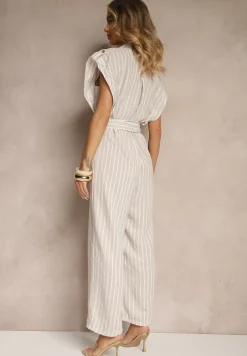 Beżowy Koszulowy Kombinezon z Bawełny z Wiązanym Paskiem Amevilia