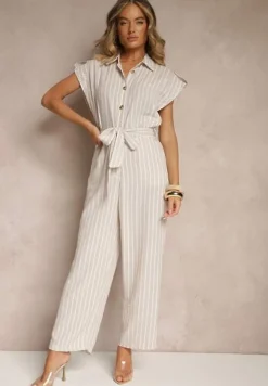 Beżowy Koszulowy Kombinezon z Bawełny z Wiązanym Paskiem Amevilia