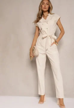 Beżowy Koszulowy Kombinezon z Wiskozą Zdobiony Napami i Wiązanym Paskiem Sepirise