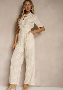 Beżowy Koszulowy Kombinezon z Wiskozy z Krótkim Rękawem i Wsuwanymi Kieszeniami Miliane