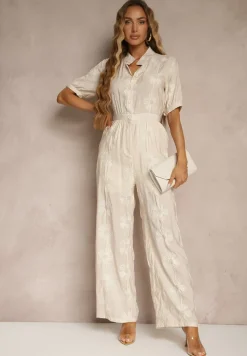 Beżowy Koszulowy Kombinezon z Wiskozy z Krótkim Rękawem i Wsuwanymi Kieszeniami Miliane