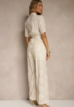 Beżowy Koszulowy Kombinezon z Wiskozy z Krótkim Rękawem i Wsuwanymi Kieszeniami Miliane