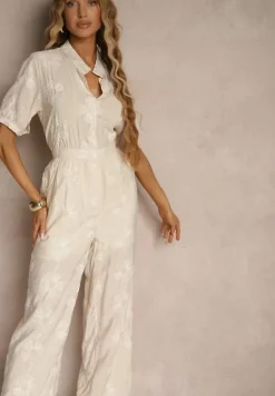 Beżowy Koszulowy Kombinezon z Wiskozy z Krótkim Rękawem i Wsuwanymi Kieszeniami Miliane