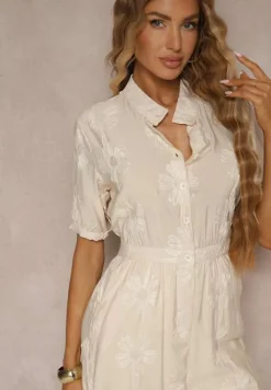 Beżowy Koszulowy Kombinezon z Wiskozy z Krótkim Rękawem i Wsuwanymi Kieszeniami Miliane