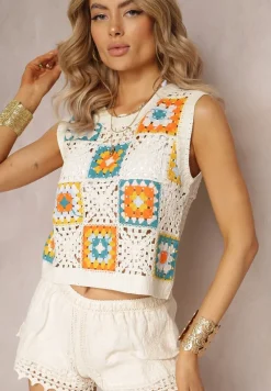 Beżowy Krótki Top Bluzka Ażurowa bez Rękawów z Bawełny Malecy