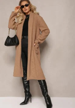 Beżowy Luźny Płaszcz Niezapinany z Paskiem Acompana