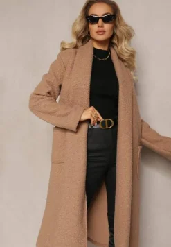 Beżowy Luźny Płaszcz Niezapinany z Paskiem Acompana
