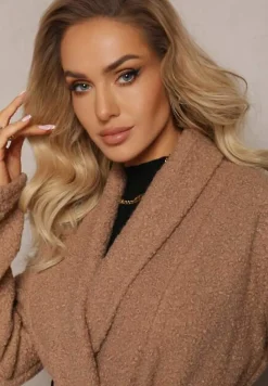 Beżowy Luźny Płaszcz Niezapinany z Paskiem Acompana